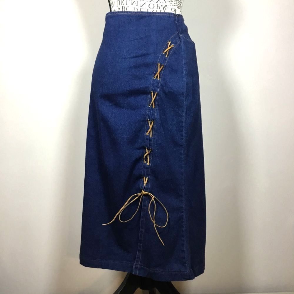 Blue Denim Skirt with Tan Lace-Up Detail western country Cowgirl waist 30” sz M